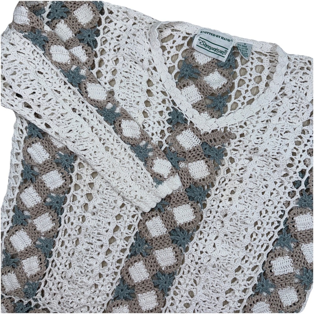 Shenanigans Crochet Top Womens Small White Beige Hand Knitted V-Neck Ramie Blend